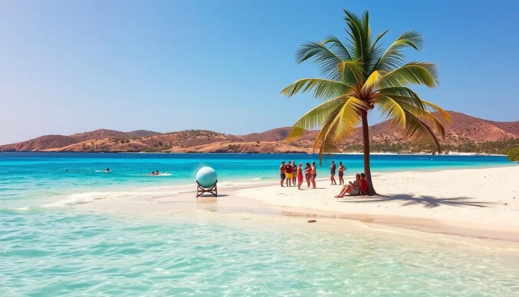 A tranquil beach on Blanquilla Island, Venezuela, with azure waters lapping against pristine white sand. In the foreground, a family relaxes under the shade of swaying palm trees, while a few adventurous swimmers splash in the crystalline sea. In the middle ground, a group of locals engage in friendly banter, showcasing the island's welcoming atmosphere. The background reveals rolling hills dotted with lush vegetation, hinting at the island's natural splendor. The scene is illuminated by warm, golden sunlight, creating a serene and inviting ambiance that captures the essence of Blanquilla Island's safety and charm.