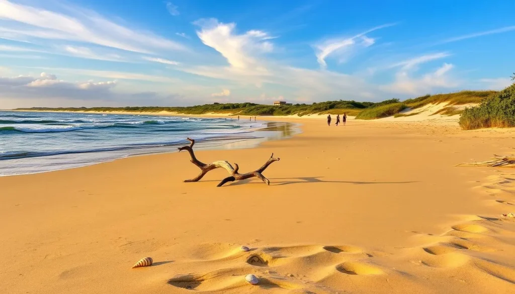 A tranquil beach on Masonboro Island, North Carolina, with golden sand and gentle waves lapping the shore. In the foreground, sun-bleached driftwood and seashells dot the sand, while in the middle ground, beachgoers stroll along the water's edge. The background features the lush, verdant dunes and coastal vegetation, bathed in warm, golden sunlight filtering through wispy clouds. The scene conveys a sense of serene escapism, inviting the viewer to imagine the soothing sounds of the surf and the feel of the soft sand underfoot.