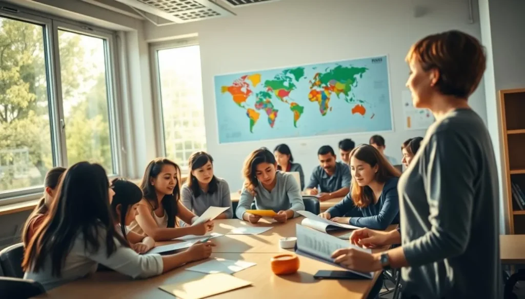 A tranquil classroom setting, sunlight streaming through large windows, illuminating a diverse group of students engaged in lively language-learning activities. In the foreground, a teacher gestures animatedly, guiding students as they practice conversational skills using colorful educational materials. The middle ground features students collaborating in small groups, immersed in interactive exercises that build vocabulary and grammar comprehension. In the background, a vibrant world map adorns the wall, symbolizing the global reach of the languages being studied. The overall scene conveys a sense of intellectual curiosity, cultural exchange, and the joy of mastering new forms of communication.