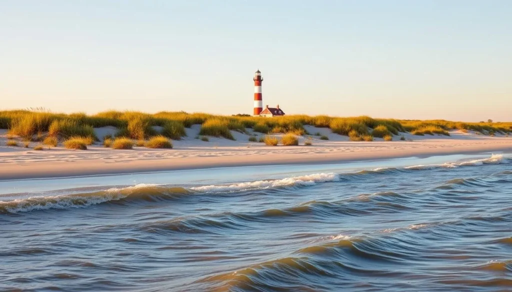 A tranquil coastal scene of Oak Island, North Carolina, bathed in warm, golden sunlight. A pristine stretch of sandy beach flanked by lush, verdant dunes dotted with native beach grasses. In the middle ground, a historic lighthouse stands tall, its red-and-white striped tower a beacon against the clear, azure sky. The serene, gently lapping waves of the Atlantic Ocean fill the foreground, reflecting the natural beauty of this picturesque barrier island. The overall mood is one of peaceful solitude and timeless charm, inviting the viewer to imagine themselves exploring this fascinating island's rich history and natural wonders.