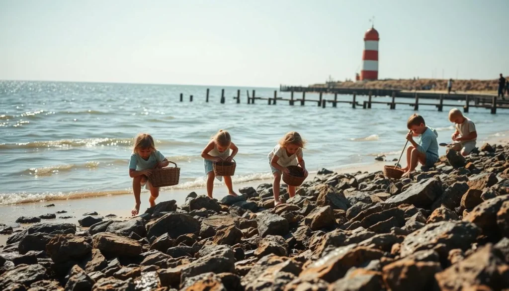 A tranquil cove on Mersea Island, sun-dappled waves lapping at the sandy shore. In the foreground, a group of children patiently peer into rock pools, searching for the elusive Carcinus maenas, the common shore crab. Wicker baskets and lines at the ready, they engage in the quintessential British seaside pastime of crabbing. The middle ground reveals weathered wooden jetties, and in the background, the distinctive red-and-white Naze Tower stands watch over the picturesque scene. Soft natural lighting casts a warm, nostalgic glow, evoking the timeless allure of this cherished coastal tradition.