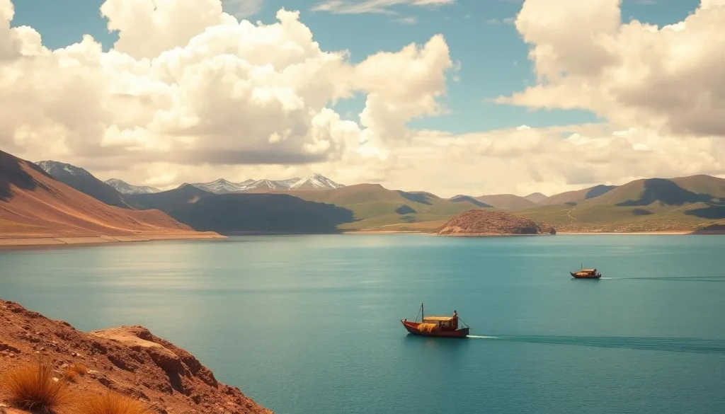 A tranquil, expansive vista of Lake Titicaca, the world's highest navigable lake, nestled amidst the majestic Andes mountains. Serene azure waters reflect the billowing white clouds above, as traditional reed boats gently glide across the surface. In the foreground, rugged, snow-capped peaks tower, while in the middle distance, rolling green hills dotted with indigenous villages create a picturesque landscape. Warm, golden sunlight bathes the scene, imbuing it with a sense of timeless, natural beauty. Capture the wonder and majesty of this extraordinary high-altitude lake, a testament to the power and grandeur of the Peruvian landscape.