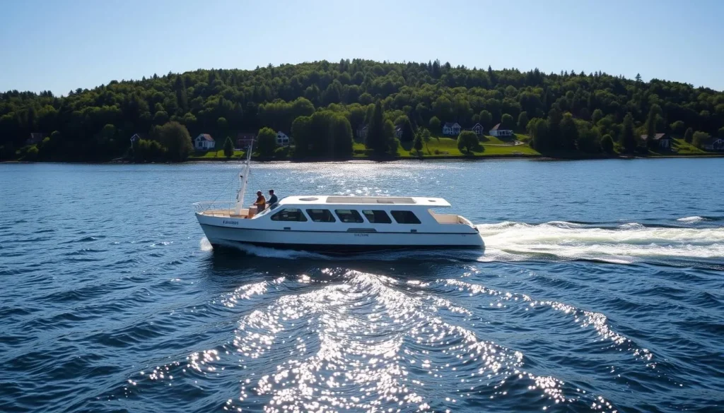 A tranquil ferry gliding across the serene waters of Varmdo Island, Sweden. The vessel, adorned with clean lines and a sleek design, cuts through the gentle waves as sunlight dances across its surface. In the background, the lush, verdant shoreline rises, dotted with quaint cottages and swaying trees. The scene evokes a sense of peaceful transportation, connecting the mainland to this picturesque island retreat. The image is captured with a wide-angle lens, showcasing the entirety of the ferry's journey against the backdrop of the island's captivating natural beauty.