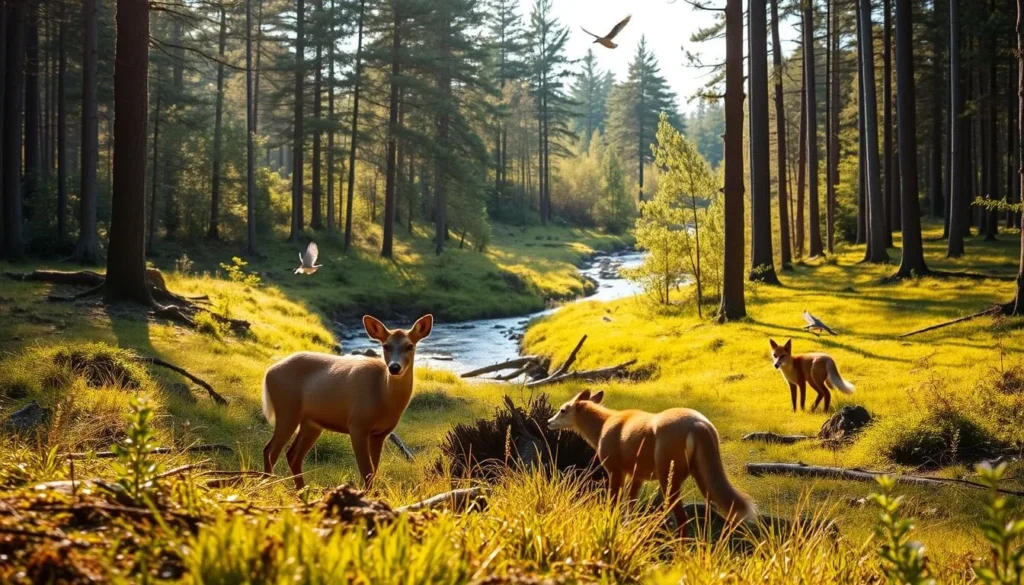 A tranquil forest glade in Värmland, Sweden, bathed in warm afternoon sunlight. In the foreground, a deer emerges cautiously from the undergrowth, its watchful eyes scanning the scene. Nearby, a red fox pauses mid-stride, its russet fur gleaming. In the middle ground, a babbling brook winds its way through the lush, verdant landscape, while overhead, birds flit between the canopy of towering pine and birch trees. The air is crisp and clean, infused with the earthy scents of moss and wildflowers. This serene, natural tableau captures the essence of Värmland's abundant wildlife and scenic beauty.
