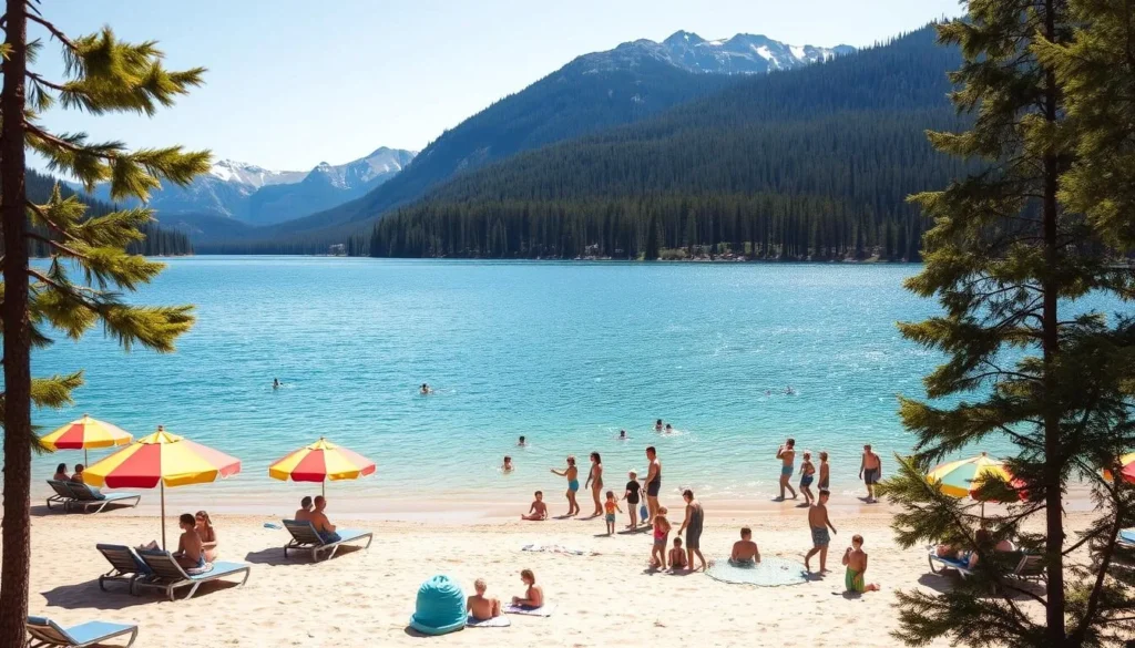 A tranquil lake nestled in the heart of the Canadian Rockies, Lake Annette's crystalline waters glisten under the warm summer sun. In the foreground, a sandy beach dotted with colorful umbrellas and sun loungers invites visitors to relax and soak up the serene atmosphere. Families and friends gather around, enjoying the refreshing waters, while children splash and play near the shoreline. The middle ground reveals a lush, verdant landscape of towering pine trees and snowcapped mountain peaks, creating a picturesque backdrop. The scene is bathed in a soft, natural light, capturing the essence of a perfect day at this idyllic swimming destination.