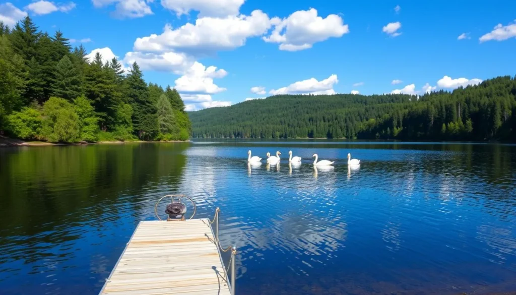 A tranquil lakeside scene at Lake Stora Le, Sweden. In the foreground, a small dock extends into the still, crystal-clear waters, inviting visitors to cast their lines. Flanking the shore, lush evergreen forests rise, their verdant canopies casting dappled shadows across the serene landscape. In the middle ground, a family of swans gracefully glides across the surface, their elegant forms mirrored in the reflective waters. Overhead, a clear azure sky is dotted with fluffy white clouds, illuminating the scene with warm, natural light. The overall atmosphere is one of peaceful solitude, inviting wildlife observation and immersion in the tranquil beauty of this Swedish natural wonder.
