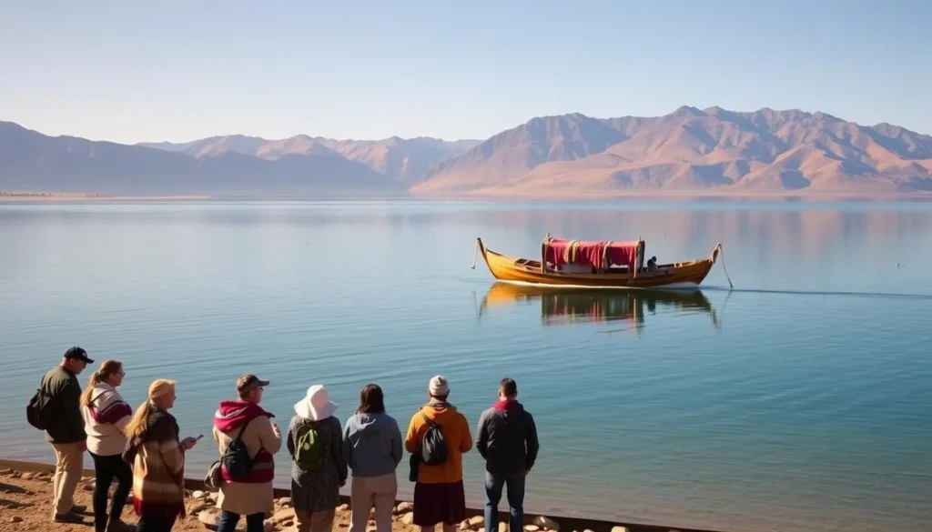 A tranquil lakeside scene at Lake Titicaca, Peru, with stunning mountain views in the background. A traditional wooden boat with brightly colored indigenous fabrics sails across the calm, azure waters, reflecting the surrounding landscape. In the foreground, a group of local tour guides stand on the shore, ready to welcome visitors and share the rich cultural heritage of this iconic destination. Warm, natural lighting illuminates the serene setting, creating a welcoming and immersive atmosphere. The image captures the essence of the best things to do and experience at Lake Titicaca, Peru.
