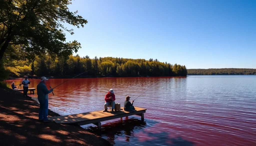 A tranquil lakeside scene in Red Lake, Minnesota, under a clear azure sky. In the foreground, anglers cast their lines into the serene, crimson-hued waters, their silhouettes reflected on the glassy surface. Lush, verdant forests line the distant shores, their canopies casting dappled shadows across the landscape. A wooden dock extends into the lake, inviting visitors to sit and take in the peaceful ambiance. Warm, golden sunlight filters through the trees, illuminating the scene with a soft, natural glow. This idyllic setting captures the essence of outdoor recreation and the natural beauty of Red Lake, Minnesota.