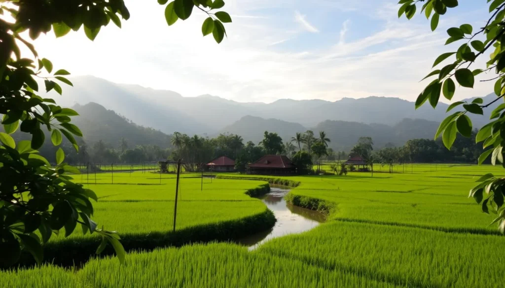 A tranquil landscape in Chiang Rai, Thailand, on a pleasant day. Lush green foliage frames the scene, with towering mountains rising in the distance, their peaks capped in a dusting of snow. Soft, diffused sunlight filters through wispy clouds, casting a warm, golden glow over the serene rice paddies in the foreground. A small river meanders through the center of the frame, its calm, reflective surface mirroring the surrounding natural beauty. In the middle ground, traditional Thai architecture, with its distinctive red-tiled roofs, nestles amidst the verdant landscape. The overall atmosphere exudes a sense of tranquility and harmony, capturing the essence of Chiang Rai's temperate, subtropical climate.