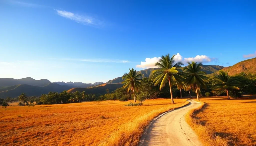 A tranquil landscape in Krabi, Thailand during the dry season. Rolling hills and lush palm trees line the horizon, bathed in warm, golden sunlight. In the foreground, a winding dirt path leads through a parched, ochre-colored field. A few wispy clouds drift across a brilliant azure sky. The air is crisp and dry, with a slight breeze rustling the palm fronds. An idyllic, peaceful scene capturing the essence of Krabi's dry season from November to April.