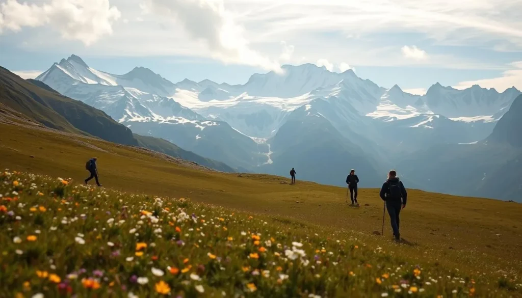 A tranquil landscape in the Aigert Mountains, Sweden. A pristine alpine meadow dotted with wildflowers in the foreground, framed by towering snow-capped peaks in the background. Hikers explore the trails, appreciating the stunning natural beauty responsibly, their steps light and leaving minimal impact. Warm, diffused sunlight filters through wispy clouds, casting a gentle glow over the scene. The mood is one of reverence and sustainable exploration, inviting the viewer to immerse themselves in this serene, untouched wilderness.