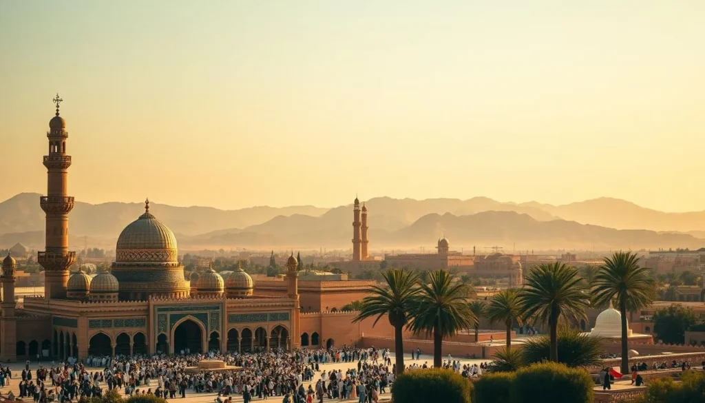 A tranquil landscape of Medina's sacred sites, bathed in warm, golden sunlight. In the foreground, the iconic Masjid al-Nabawi, its ornate domes and minarets rising majestically. Worshippers gather reverently at its entrance, evoking a sense of profound spirituality. In the middle ground, the historic Jannatul Baqee cemetery, a revered resting place for companions of the Prophet. Lush palm trees sway gently, creating a serene atmosphere. Beyond, the ancient hills of Uhud stand as silent guardians, their rugged peaks contrasting with the serene setting. The scene radiates a deep, tranquil energy, inviting visitors to connect with the profound spiritual legacy of this holy city.