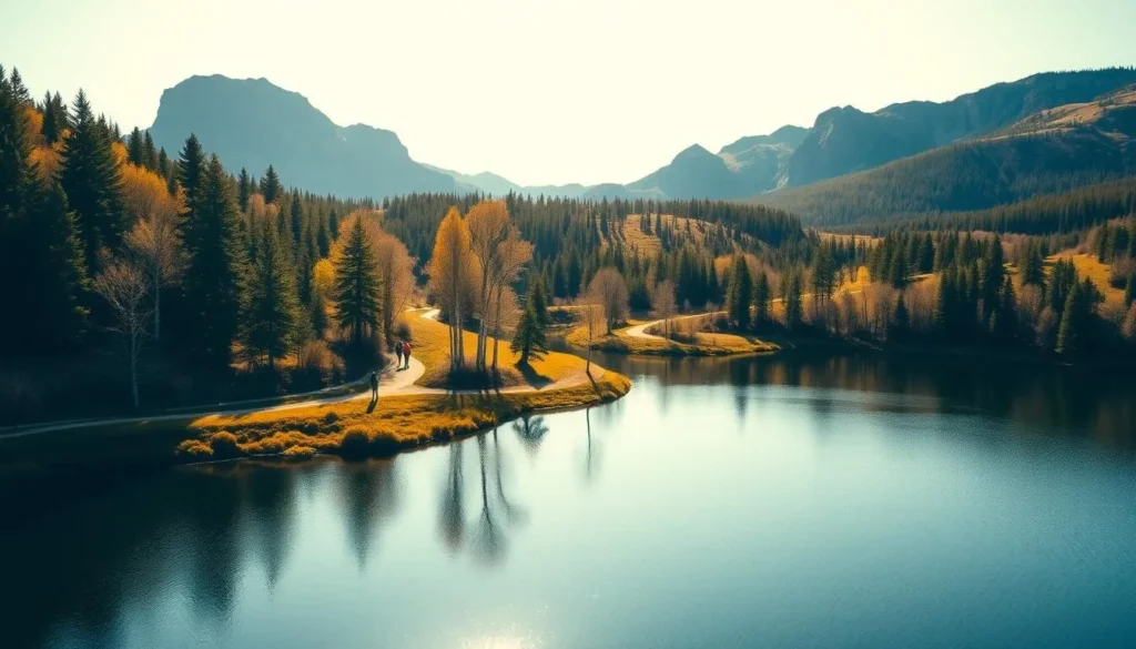 A tranquil landscape of Norra Kvill National Park, Sweden, on a sunny day. In the foreground, a serene lake reflects the surrounding lush forests and rocky cliffs. Hikers navigate the winding trails, immersed in the park's rich history. In the middle ground, ancient birch trees dot the hillsides, their delicate branches swaying gently. The background features towering granite peaks, their rugged beauty a testament to the park's geological past. Warm, golden sunlight filters through the canopy, casting a gentle glow over the scene. The overall atmosphere evokes a sense of timeless tranquility, inviting visitors to discover the park's captivating heritage.