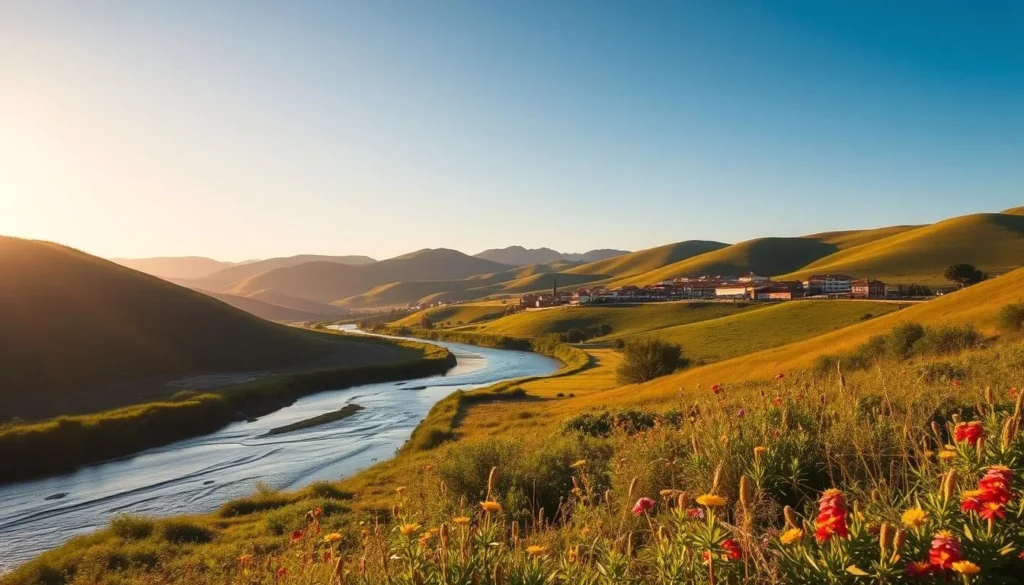 A tranquil landscape of rolling green hills and lush vegetation, bathed in the soft glow of a warm, golden afternoon sun. In the foreground, a winding river flows gently, its surface reflecting the blue hues of the cloudless sky above. Scattered throughout the scene, clusters of vibrant wildflowers add splashes of color, swaying gently in a light, refreshing breeze. In the distance, a small village nestled among the hills, its terracotta-tiled roofs and whitewashed walls creating a picturesque contrast. The overall atmosphere is one of serenity and natural harmony, perfectly capturing the essence of Uruguay's rainfall patterns throughout the year.