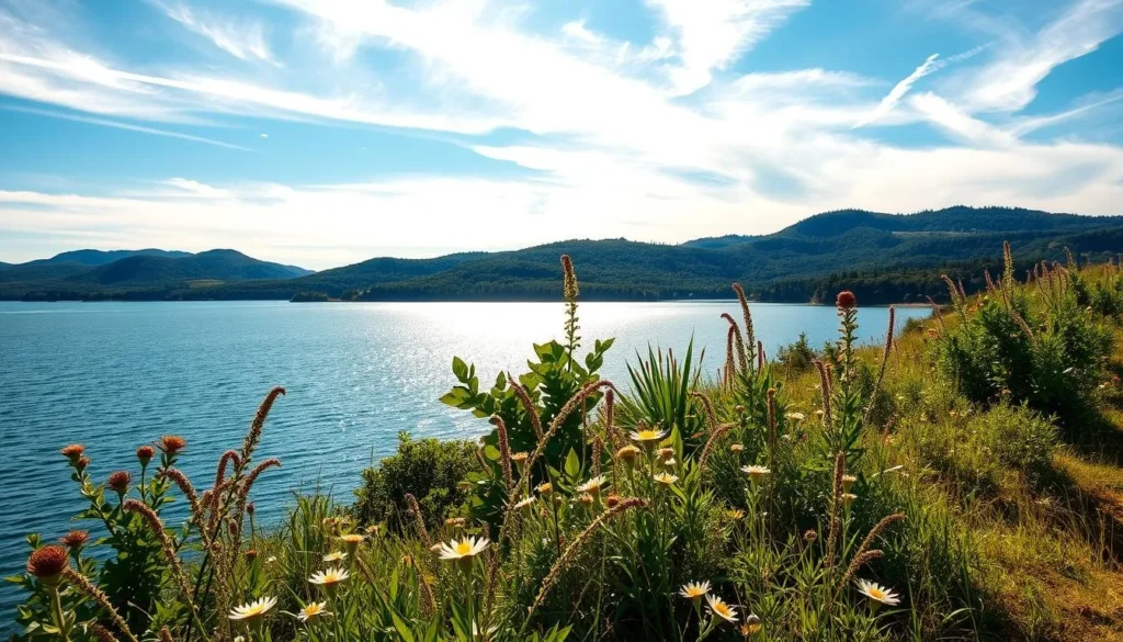 A tranquil landscape with Lake Milada as the focal point. In the foreground, lush greenery and wildflowers adorn the shoreline, inviting the viewer to immerse themselves in the natural beauty. The middle ground showcases the glistening waters of the lake, reflecting the azure sky and wispy clouds above. In the background, rolling hills and dense forests create a picturesque backdrop, hinting at the diverse wildlife that thrives in this serene environment. The scene is bathed in warm, golden sunlight, lending a sense of serenity and peaceful solitude. Capture this idyllic moment with a medium-wide angle lens, framing the landscape to highlight the harmonious coexistence of the lake, flora, and natural surroundings.