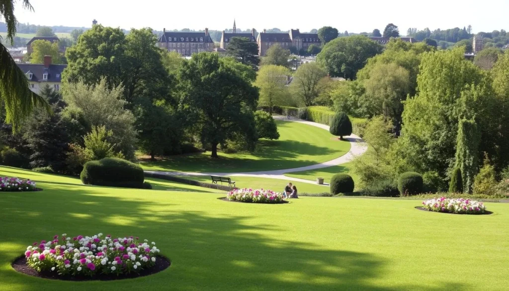 A tranquil, lush landscape of Ealing Park on a warm, sunny day. The foreground features a well-maintained lawn dotted with blooming flower beds, inviting visitors to relax and enjoy the serene atmosphere. In the middle ground, a meandering path winds through the park, lined with mature trees casting gentle shadows. In the background, the historic buildings of Ealing's town center can be seen, blending seamlessly with the verdant surroundings. The scene is illuminated by soft, diffused lighting, creating a sense of peaceful ambiance. Captured with a wide-angle lens to showcase the park's expansive grandeur, this image perfectly encapsulates the tranquil charm of a day well spent in Ealing.