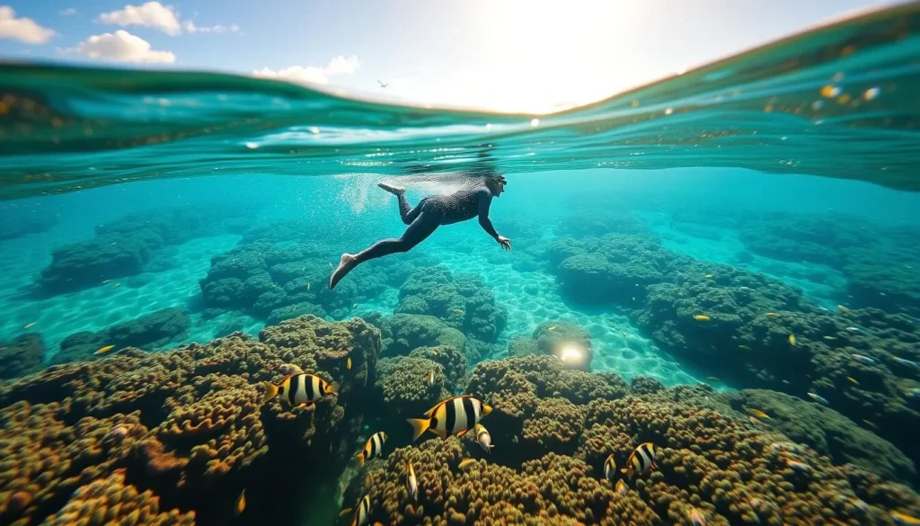 A tranquil morning at Kauna'oa Beach, Maui, Hawaii. Warm sunlight filters through the crystal-clear waters, illuminating the vibrant coral reef teeming with tropical fish. A snorkeler in a sleek wetsuit gracefully explores the underwater paradise, their movements fluid and effortless. The gentle lapping of waves and the distant call of seabirds create a serene, meditative atmosphere. The scene is captured through a wide-angle lens, conveying the expansive, otherworldly beauty of this idyllic snorkeling destination.