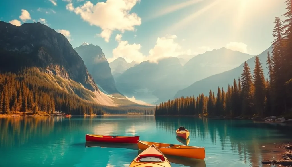 A tranquil morning scene at Moraine Lake, Alberta, Canada. The crystal-clear turquoise water reflects the majestic snow-capped peaks of the Rocky Mountains in the background. Lush evergreen forests line the shoreline, their rich green hues complementing the vibrant blue of the lake. Warm, golden sunlight filters through wispy clouds, casting a soft, ethereal glow over the picturesque landscape. Kayaks and canoes dot the serene surface, inviting visitors to explore the breathtaking scenery. The ideal time to capture this natural wonder is during the summer months when the weather is mild and the lake is at its most tranquil.