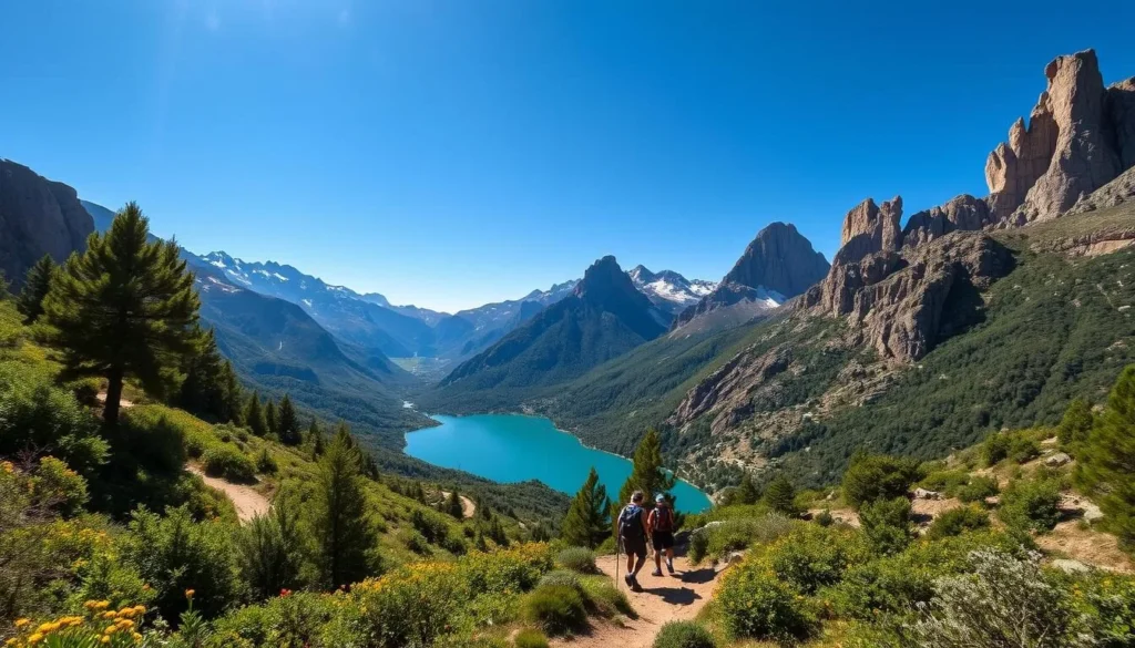 A tranquil mountain landscape in Lebanon, with rugged peaks reaching towards a cloudless azure sky. In the foreground, a winding hiking trail leads through a lush, verdant forest, dotted with vibrant wildflowers. Sunlight filters through the canopy, casting a warm, golden glow over the scene. In the middle ground, a pristine turquoise lake reflects the towering mountains, their slopes dusted with a light layer of snow. Adventurous hikers explore the paths, taking in the breathtaking vistas. In the background, a range of dramatic limestone cliffs and craggy outcrops frame the idyllic setting, creating a sense of peaceful isolation. Capture the essence of Lebanon's outdoor splendor on a perfect weather day.