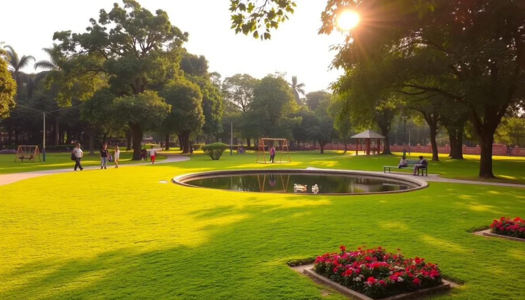 A tranquil park in Kalyan-Dombivli, Maharashtra, with lush green lawns, shady trees, and well-maintained walkways. People strolling leisurely, children playing on swings, and families picnicking under the warm, golden sunlight. A serene pond with ducks floating gracefully, surrounded by vibrant flowerbeds. The park offers a peaceful oasis amidst the bustling urban landscape, inviting visitors to relax and enjoy the natural beauty. Capture the essence of Kalyan-Dombivli's green spaces, where the community gathers to unwind and reconnect with nature.