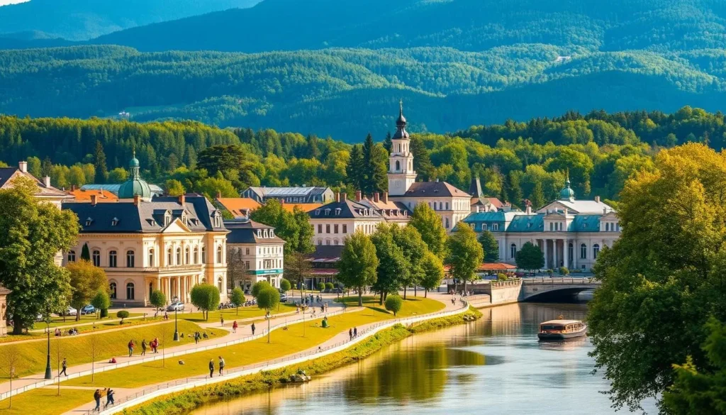 A tranquil, picturesque spa town nestled in the lush, verdant landscape of Lithuania. The historic center of Druskininkai is a harmonious blend of elegant, neo-Renaissance architecture and charming, tree-lined promenades. In the foreground, visitors stroll along the banks of the serene Nemuno River, enjoying the warm, golden sunlight. In the middle ground, the town's iconic spas and wellness centers stand proudly, their distinctive facades reflecting the region's rich cultural heritage. The background is dominated by rolling hills and dense, verdant forests, creating a serene, natural backdrop to this premier Lithuanian destination. The overall scene radiates a sense of tranquility, wellness, and relaxation, perfectly capturing the essence of Druskininkai as Lithuania's premier spa town.
