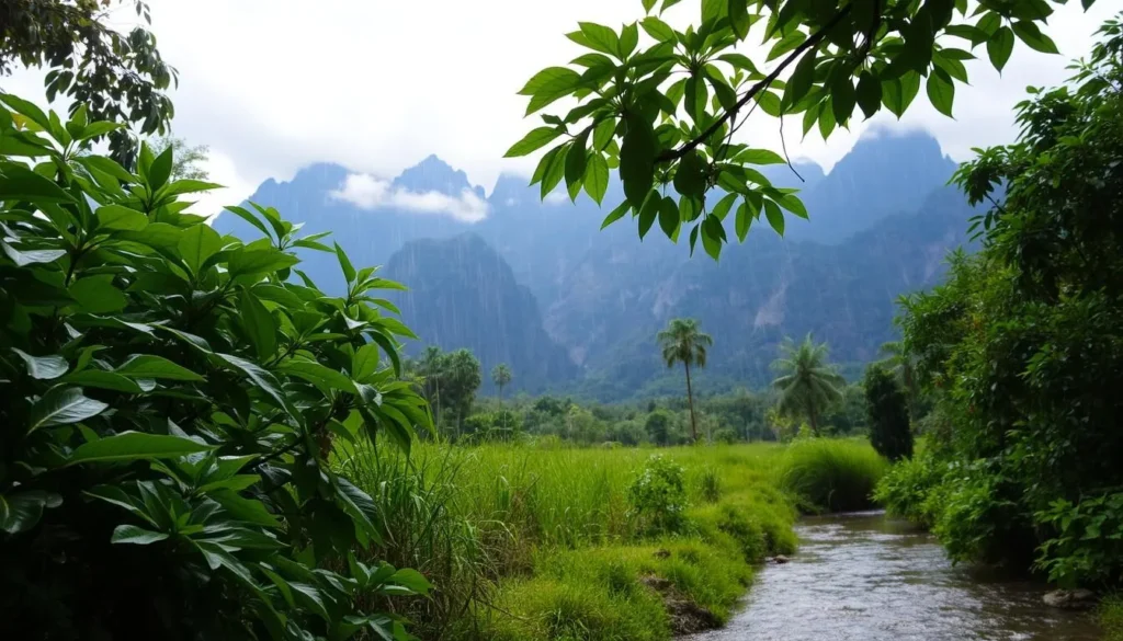 A tranquil rainy season afternoon in Chiang Rai, Thailand. Lush green foliage glistens under a soft, diffused light as gentle raindrops patter against the vibrant leaves. In the foreground, a small stream meanders peacefully, its surface rippling with the rhythm of the rainfall. Tall, majestic mountains rise in the distance, their peaks partially obscured by wispy gray clouds. The overall atmosphere evokes a sense of serene calm, inviting the viewer to imagine the soothing sounds and refreshing scents of the rainy season in this northern Thai province.