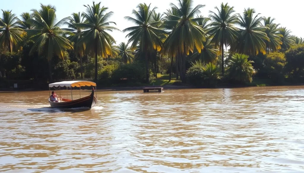 A tranquil river scene in Carmelo, Uruguay, with a gentle current flowing past lush riverbanks. In the foreground, a traditional wooden boat with a sun-dappled canopy glides peacefully across the water. Towering palm trees sway gently in the background, casting playful shadows on the rippling surface. The warm, golden sunlight filters through the trees, creating a serene and inviting atmosphere. A small dock juts out into the river, beckoning visitors to explore the calm, rejuvenating waters. The overall mood is one of relaxation and natural beauty, perfectly capturing the essence of a quintessential Carmelo river experience.