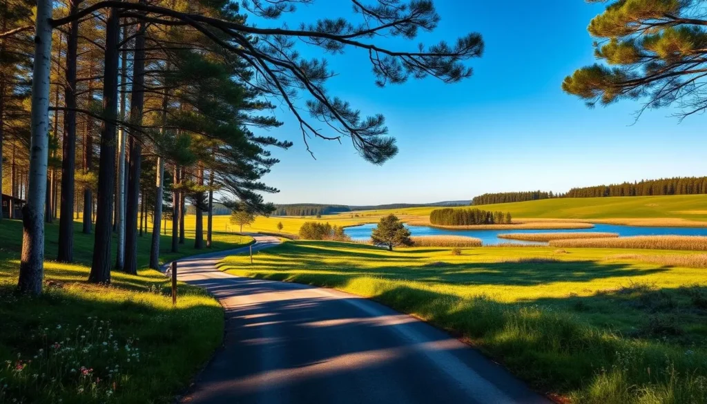 A tranquil rural landscape in Kronoberg County, Sweden, bathed in warm afternoon sunlight. A winding country road meanders through rolling hills covered in lush, verdant meadows dotted with wildflowers. Towering pine and birch trees frame the scene, their branches swaying gently in a soft breeze. In the distance, a picturesque lake reflects the azure sky, its calm waters rimmed by a shoreline of reeds and cattails. The atmosphere is one of serene beauty, inviting the viewer to explore this hidden gem of the Swedish countryside.