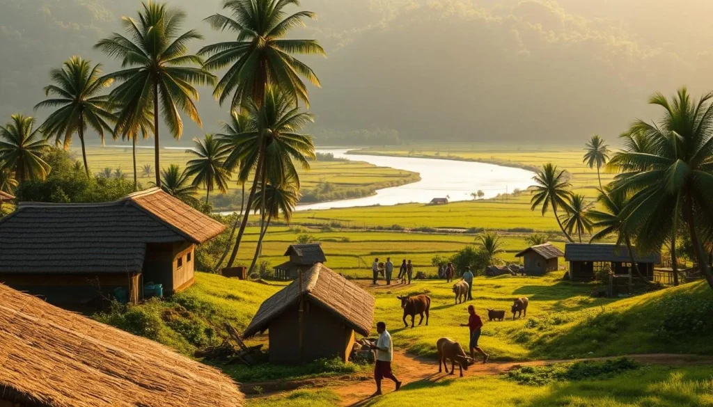 A tranquil rural scene in Kerala, India, showcasing the region's traditional village life. In the foreground, thatched-roof houses and small farms dot the lush, verdant landscape. In the middle ground, locals go about their daily activities - tending to livestock, working in the fields, and chatting with neighbors. In the background, a serene river winds its way through the countryside, with palm trees swaying gently in the breeze. The scene is bathed in warm, golden sunlight, creating a serene and inviting atmosphere. Capture the essence of Kerala's vibrant cultural heritage and the peaceful rhythms of rural life.