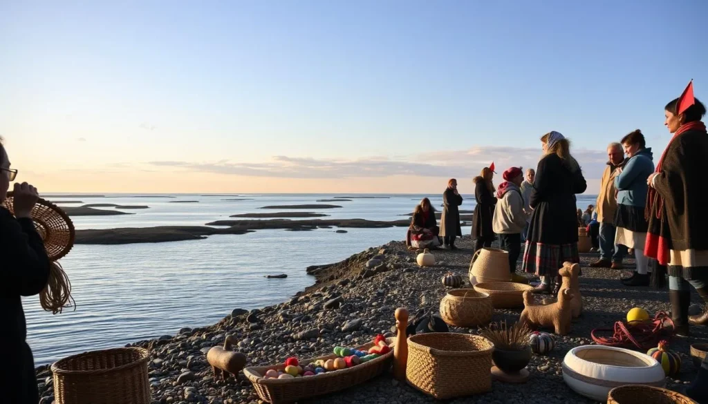 A tranquil scene along the Haparanda Archipelago's shoreline, where traditional Sámi culture comes alive. In the foreground, indigenous artisans showcase their intricate handicrafts, from woven baskets to carved wooden figures. The middle ground features a small gathering of locals in vibrant traditional dress, engaged in lively conversation and sharing cultural traditions. In the background, the vast expanse of the archipelago's islands and inlets creates a serene, natural backdrop, with the warm glow of the sun reflecting off the calm waters. The overall mood is one of cultural celebration and immersion, inviting the viewer to experience the rich heritage of this unique Swedish region.