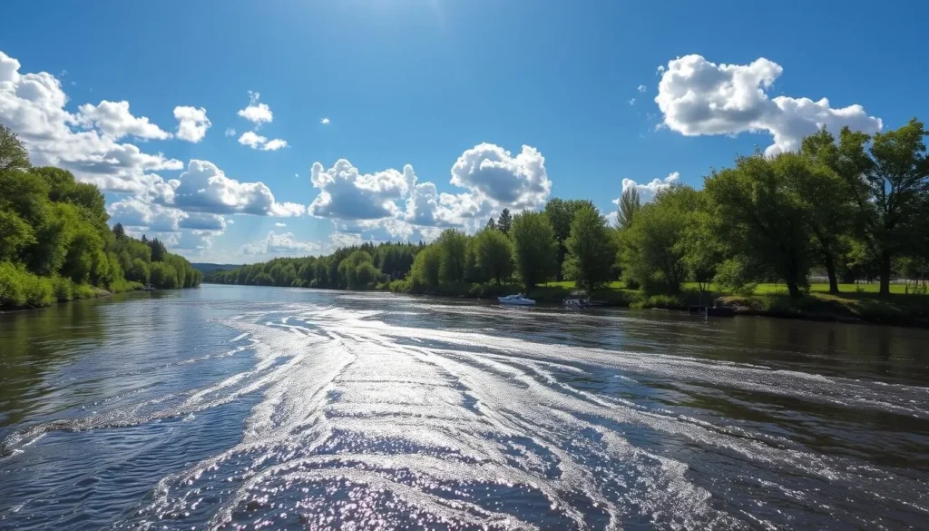 A tranquil scene along the Oldman River in the heart of southern Alberta. The river flows gently, its surface reflecting the bright blue sky dotted with fluffy white clouds. Lush green trees line the riverbanks, casting dappled shadows onto the water. A few small boats are moored along the shore, awaiting their next adventure. Sunlight dances across the rippling current, creating a mesmerizing play of light and movement. The overall mood is serene and peaceful, inviting viewers to imagine a leisurely day spent enjoying the natural beauty of this picturesque waterway.