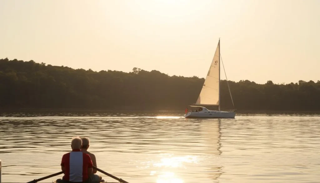 A tranquil scene along the Uruguay River, with a sleek sailboat gliding across the glistening water. The sun casts a warm, golden glow, illuminating the smooth surface and the lush, verdant banks in the distance. The sailboat's white sails billow gracefully, catching the gentle breeze. In the foreground, a pair of dockside rowers pause to admire the serene landscape, their oars resting on the calm water. The overall atmosphere is one of peaceful leisure, inviting the viewer to imagine a relaxing day spent enjoying the natural beauty of Paysandu's waterfront.