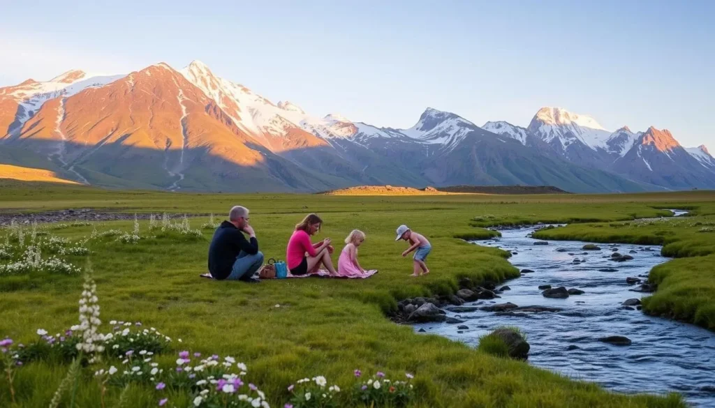 A tranquil scene in Hardangervidda National Park, Norway. In the foreground, a family of four picnics on a lush grassy meadow, surrounded by wildflowers and a babbling brook. In the middle ground, children playfully explore the shallow waters, while parents relax on a checkered blanket. The majestic mountains of Hardangervidda rise in the background, their snow-capped peaks glistening under the warm, golden sunlight. The atmosphere is serene and inviting, capturing the natural beauty and family-friendly activities that the park has to offer.