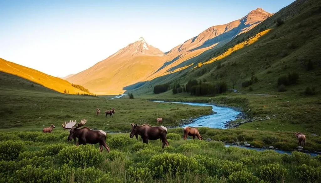A tranquil scene in Kjolen National Park, Norway. In the foreground, a family of moose grazes peacefully on the lush, verdant undergrowth. The middle ground features a crystal-clear stream winding its way through the rolling hills, its waters reflecting the warm, golden light of the afternoon sun. In the background, a towering mountain range rises, its snow-capped peaks piercing the azure sky. The atmosphere is serene and inviting, capturing the essence of a perfect day for wildlife watching in this pristine, natural setting.