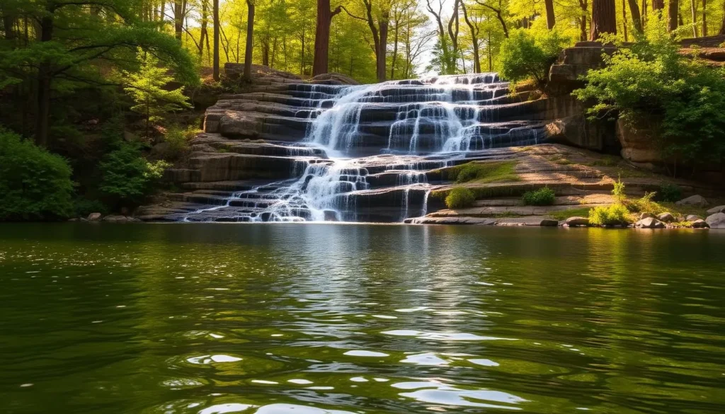 A tranquil scene in Shawnee National Forest, Illinois, showcasing the region's stunning water features. In the foreground, a serene lake reflects the lush, verdant foliage surrounding it. Gently lapping waves create a soothing ambiance. In the middle ground, a cascading waterfall tumbles over rugged, moss-covered rocks, its sparkling waters catching the warm, golden sunlight. The background features towering trees, their canopies creating a dappled, natural lighting effect. The overall atmosphere evokes a peaceful, rejuvenating respite in nature. A tranquil scene in Shawnee National Forest, Illinois, showcasing the region's stunning water features. In the foreground, a serene lake reflects the lush, verdant foliage surrounding it. Gently lapping waves create a soothing ambiance. In the middle ground, a cascading waterfall tumbles over rugged, moss-covered rocks, its sparkling waters catching the warm, golden sunlight. The background features towering trees, their canopies creating a dappled, natural lighting effect. The overall atmosphere evokes a peaceful, rejuvenating respite in nature.