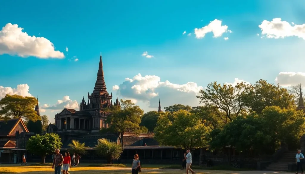 A tranquil scene in Sukhothai, Thailand, on a sunny afternoon. The ancient city's iconic landmarks, such as the majestic Wat Mahathat, are framed by a clear blue sky with fluffy white clouds. Warm, golden light filters through the trees, casting gentle shadows on the well-preserved ruins. In the foreground, local villagers go about their daily activities, adding a sense of liveliness to the serene atmosphere. The camera captures the scene from a mid-level angle, showcasing the harmonious blend of historical architecture and the picturesque natural environment that defines Sukhothai's unique weather-savvy charm.