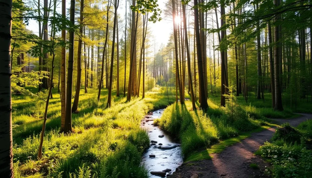 A tranquil scene in the heart of Store Mosse National Park, Sweden. A sun-dappled forest glade, with lush undergrowth and tall, slender birch trees. In the foreground, a babbling brook gently winds its way through the verdant landscape. Framed by the natural foliage, a well-worn trail invites the viewer to explore the park's wildlife-rich habitats. The warm, golden light filters through the canopy, creating a serene and inviting atmosphere, perfect for spotting elusive woodland creatures. The overall composition evokes a sense of peace and harmony, showcasing the park's abundant natural beauty.