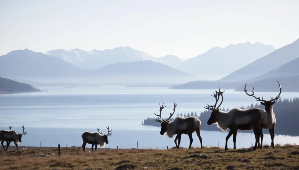 A tranquil scene of Hardangervidda National Park's pristine wilderness, bathed in soft, natural light. In the foreground, a herd of majestic reindeer graze peacefully, their antlers silhouetted against the clear sky. The middle ground reveals a picturesque lake, its still waters reflecting the surrounding mountains and forests. In the distance, snowcapped peaks rise majestically, creating a breathtaking backdrop. The overall atmosphere is one of serene harmony, where wildlife and nature coexist in perfect balance.