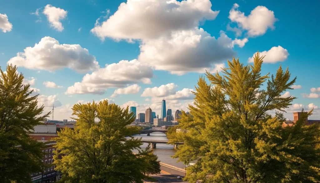 A tranquil scene of Memphis, Tennessee on a pleasant spring day. Fluffy white clouds drift across a vibrant blue sky, casting gentle shadows on the bustling city below. In the foreground, lush green trees sway in a light breeze, their branches framing the iconic Beale Street with its colorful buildings and neon signs. In the middle ground, the mighty Mississippi River flows steadily, its waters reflecting the surrounding architecture. In the distance, the iconic Memphis skyline rises up, with the striking silhouette of the Pyramid standing tall against the horizon. The warm, golden light bathes the entire scene, creating a sense of warmth and vibrancy that captures the essence of this southern city.