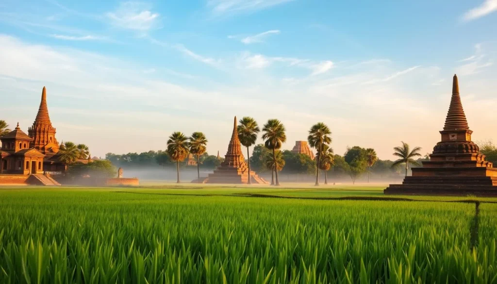 A tranquil scene of Sukhothai's shoulder season, captured with a wide-angle lens. The foreground features lush, verdant rice paddies with a gentle haze hanging over the landscape. In the middle ground, ancient brick stupas and temples of the historic Sukhothai Kingdom stand in warm, golden light, surrounded by towering palm trees. The background showcases a clear, azure sky with wispy clouds, creating a serene and picturesque atmosphere. Soft, diffused sunlight bathes the entire scene, highlighting the weathered surfaces of the historic structures and the vibrant green of the vegetation. This is a tranquil, weather-savvy moment, perfect for exploring the rich cultural heritage of Sukhothai during the shoulder season. A tranquil scene of Sukhothai's shoulder season, captured with a wide-angle lens. The foreground features lush, verdant rice paddies with a gentle haze hanging over the landscape. In the middle ground, ancient brick stupas and temples of the historic Sukhothai Kingdom stand in warm, golden light, surrounded by towering palm trees. The background showcases a clear, azure sky with wispy clouds, creating a serene and picturesque atmosphere. Soft, diffused sunlight bathes the entire scene, highlighting the weathered surfaces of the historic structures and the vibrant green of the vegetation. This is a tranquil, weather-savvy moment, perfect for exploring the rich cultural heritage of Sukhothai during the shoulder season.