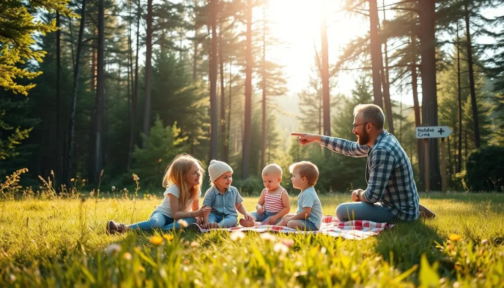 A tranquil scene of a family enjoying the great outdoors in Muddus National Park, Sweden. A lush, verdant forest backdrop frames a sun-dappled clearing where a couple and their two children picnic on a checkered blanket, surrounded by wildflowers. The parents point excitedly as they explain the park's natural wonders to their captivated kids. Soft, warm lighting filters through the canopy, creating a sense of safety and serenity. In the distance, a signpost directs visitors towards hiking trails and camping sites. The composition emphasizes the harmony between humans and the pristine wilderness.