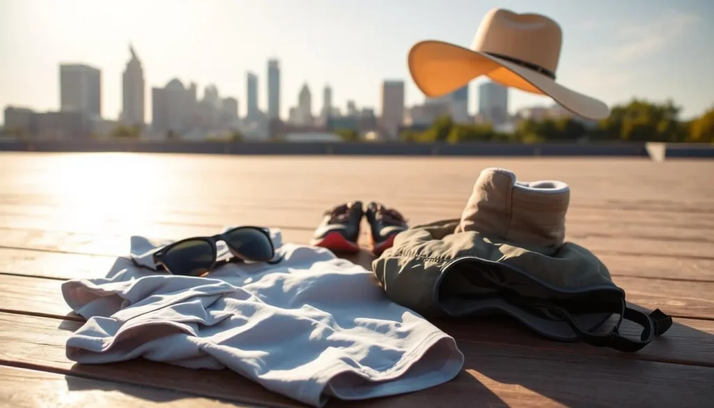 A tranquil scene of a sunny day in Kansas City, Missouri. In the foreground, a neatly folded set of lightweight clothing - a short-sleeved shirt, a pair of breathable shorts, and a packable rain jacket. In the middle ground, a sturdy pair of walking shoes, along with sunglasses and a wide-brimmed hat to shield from the sun. The background features the iconic skyline of Kansas City, bathed in warm, golden light. The overall mood is one of preparedness and anticipation, capturing the essence of packing for a weather-savvy trip to this vibrant Midwestern city.