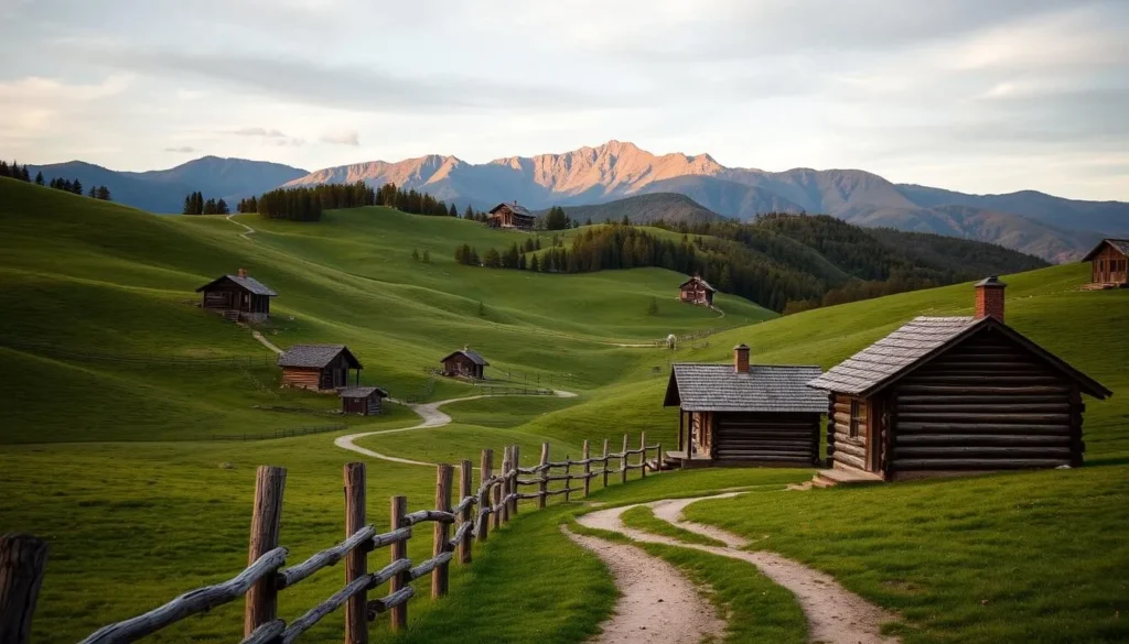 A tranquil scene of the Appalachian Mountains, showcasing the region's rich cultural heritage. Rolling green hills, dotted with quaint log cabins and winding dirt paths. Weathered wooden fences line the landscape, hinting at the area's rural charm. In the distance, a majestic mountain range rises, its peaks bathed in a warm golden light. Wisps of smoke curl from the chimneys, suggesting the cozy presence of the local community. The overall atmosphere evokes a sense of timeless tradition and connection to the land. Capture this essence of Appalachian cultural heritage through a picturesque, naturalistic rendering.