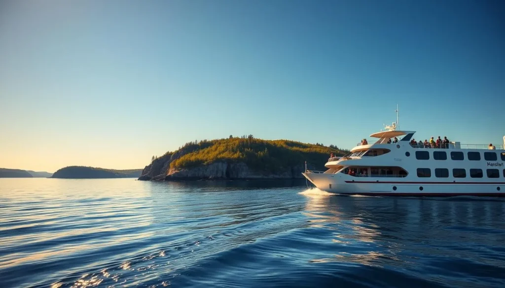 A tranquil scene of the Hemso Island Ferry, gliding across the pristine waters of the Archipelago. The sleek, modern vessel is bathed in warm, golden sunlight, its polished exterior gleaming. In the foreground, passengers can be seen standing on the open-air deck, taking in the breathtaking views of the surrounding islands and the deep blue skies above. The ferry's wake creates gentle ripples in the calm, mirror-like surface of the sea, adding a serene ambiance to the scene. In the middle ground, the lush, verdant shoreline of Hemso Island comes into view, its rocky cliffs and evergreen forests creating a picturesque backdrop. The overall composition evokes a sense of tranquility and the pure, unspoiled beauty of this Swedish island destination.