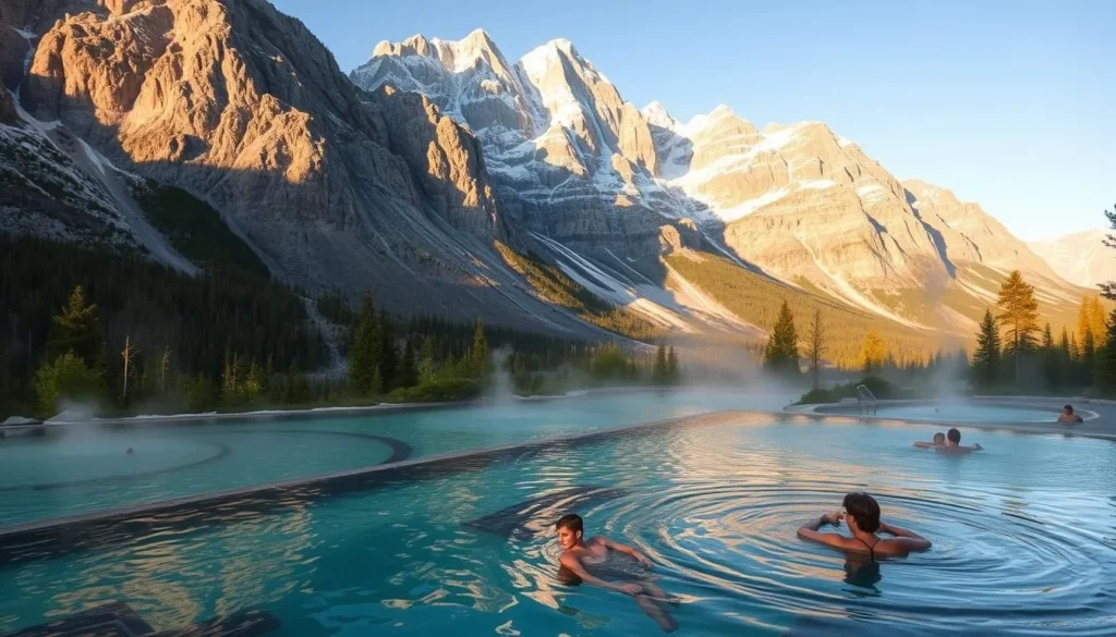 A tranquil scene of the Miette Hot Springs soaking pools nestled amidst the rugged Rocky Mountains. The clear, turquoise waters are fed by natural, mineral-rich hot springs, steam gently rising from the pools. Towering, snow-capped peaks form a majestic backdrop, their granite faces bathed in warm, golden sunlight. A few bathers relax in the soothing waters, enjoying the serene, rejuvenating atmosphere. The pools are surrounded by lush, verdant foliage, creating a peaceful, restorative oasis in the heart of the Canadian wilderness. A tranquil scene of the Miette Hot Springs soaking pools nestled amidst the rugged Rocky Mountains. The clear, turquoise waters are fed by natural, mineral-rich hot springs, steam gently rising from the pools. Towering, snow-capped peaks form a majestic backdrop, their granite faces bathed in warm, golden sunlight. A few bathers relax in the soothing waters, enjoying the serene, rejuvenating atmosphere. The pools are surrounded by lush, verdant foliage, creating a peaceful, restorative oasis in the heart of the Canadian wilderness.
