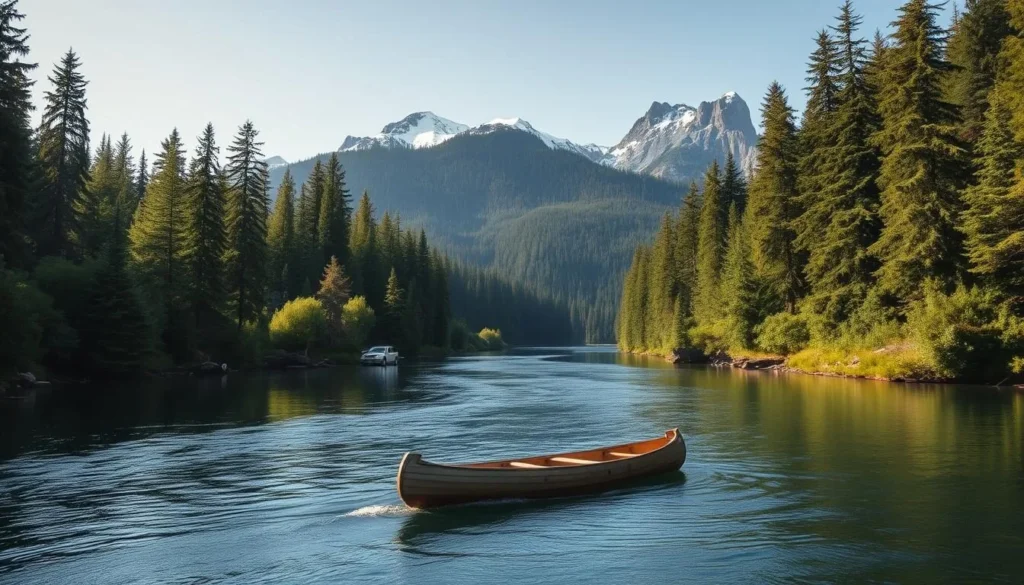 A tranquil scene of the historic Crooked River winding through the lush, verdant forests of British Columbia. In the foreground, the calm waters reflect the dappled sunlight filtering through the dense canopy of ancient evergreens. Middle ground features a small, weathered wooden canoe drifting along the meandering course, evoking a sense of timeless exploration. The background showcases towering mountain peaks capped with pristine snow, creating a majestic, picturesque backdrop. The overall atmosphere is one of serene natural beauty, inviting the viewer to immerse themselves in the rich history and untamed wilderness of Crooked Lake.