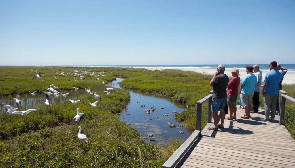 A tranquil scene on Masonboro Island, North Carolina, where a group of nature enthusiasts observe the vibrant wildlife. In the foreground, a wooden observation deck overlooks a salt marsh teeming with wading birds gracefully foraging for prey. In the middle ground, a tidal creek winds through the lush coastal vegetation, its banks dotted with basking turtles and the occasional leaping fish. Beyond, the pristine beach stretches out, framed by the dunes and a cloudless azure sky. Warm afternoon sunlight bathes the entire scene, creating a serene and inviting atmosphere for wildlife watching.