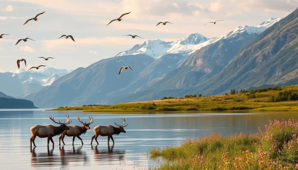 A tranquil scene unfolds at Lake Bygdin, Norway. In the foreground, a family of elk graze peacefully, their antlers silhouetted against the still waters. Migratory birds soar overhead, casting graceful shadows on the surface. The middle ground reveals a lush, verdant shoreline, dotted with clusters of wildflowers swaying in the gentle breeze. Towering mountains rise in the background, their snow-capped peaks glowing under the warm, golden light of an afternoon sun. The overall atmosphere exudes a sense of serenity and harmony, inviting the viewer to immerse themselves in the tranquil beauty of this pristine natural wonder.