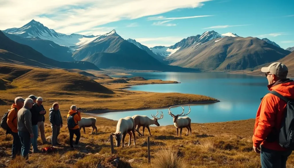 A tranquil scene unfolds in Seiland National Park, Norway. In the foreground, a group of hikers pause to observe a herd of majestic reindeer grazing peacefully amidst the lush, rolling hills. The middle ground reveals a pristine lake, its still waters reflecting the surrounding mountains and a vibrant, azure sky. In the distance, the rugged peaks of Seiland's dramatic landscape rise, capped with a dusting of snow. Warm, natural lighting bathes the entire scene, creating a serene and inviting atmosphere for wildlife watching. The hikers, awestruck by the abundance of life, capture the moment with their cameras, documenting this extraordinary encounter in Seiland's untamed wilderness.