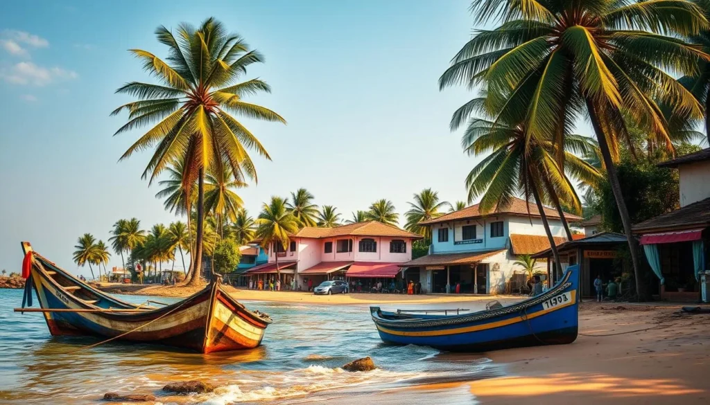 A tranquil seaside town along the Kerala coast, Cherthala offers a picturesque setting for a relaxing journey. Capture the vibrant hues of the Arabian Sea, its gentle waves lapping against the golden sands of the pristine beach. In the foreground, weathered fishing boats sway gently, their colorful hulls reflecting the warm, golden sunlight. Further inland, lush palm trees sway in the breeze, their fronds casting dappled shadows on the quaint streets below. The middle ground showcases the town's charming architecture, with traditional Kerala-style buildings adorned with intricate woodcarvings. Set against a clear, azure sky, this idyllic scene embodies the serene and welcoming atmosphere of Cherthala, a must-visit destination on any Kerala travel itinerary.